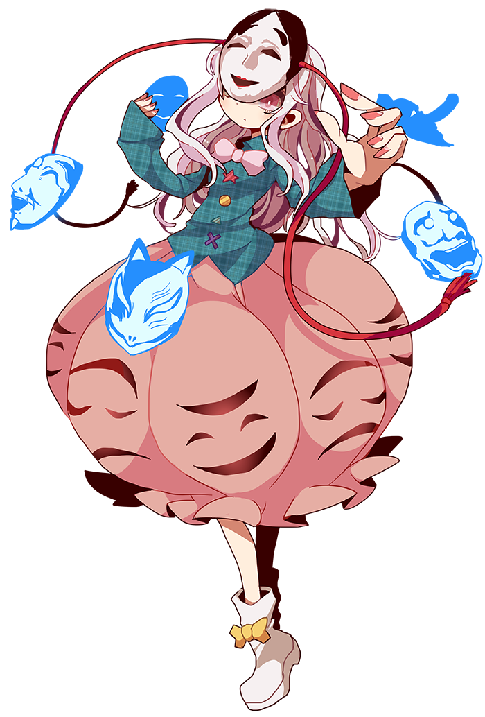1girl, bow, bubble_skirt, face_mask, fox_mask, hata_no_kokoro, long_hair, long_skirt