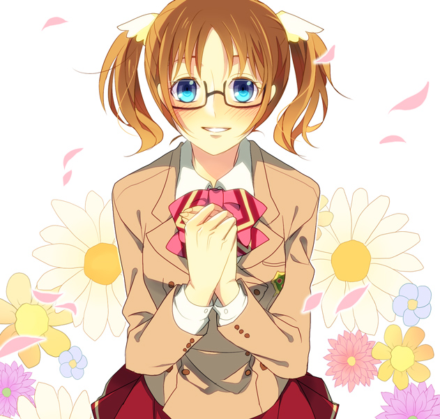 1girl, blue_eyes, brown_hair, flower, glasses, kakumeiki_valvrave, petals, ribbon