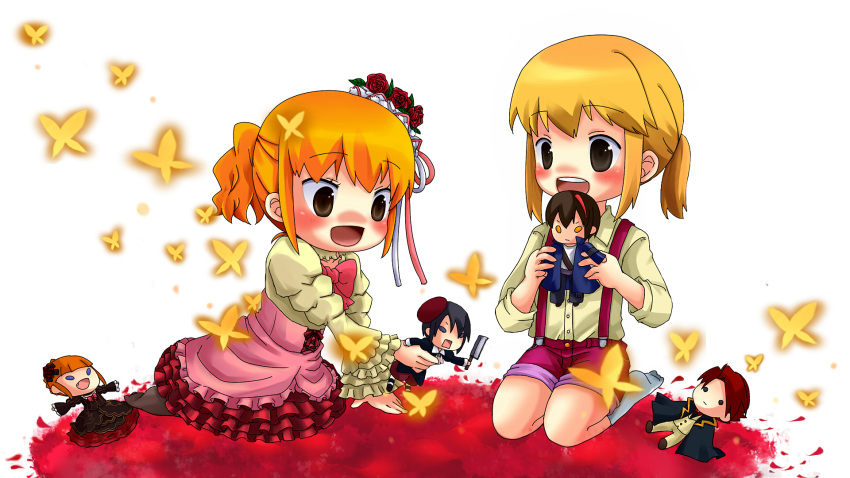 beatrice, black_hair, blonde_hair, bow, brown_hair, butterfly, cape, character_doll