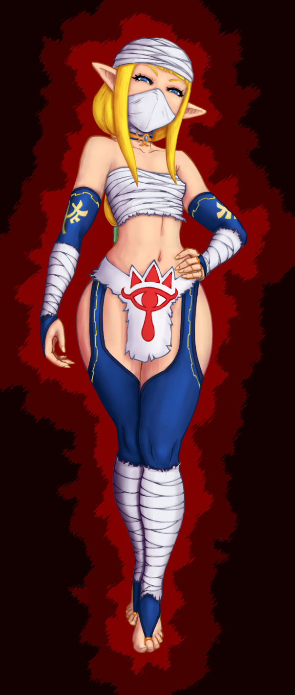 1girl, bandages, bare_shoulders, blonde_hair, blue_eyes, bridal_gauntlets, chaps, choker