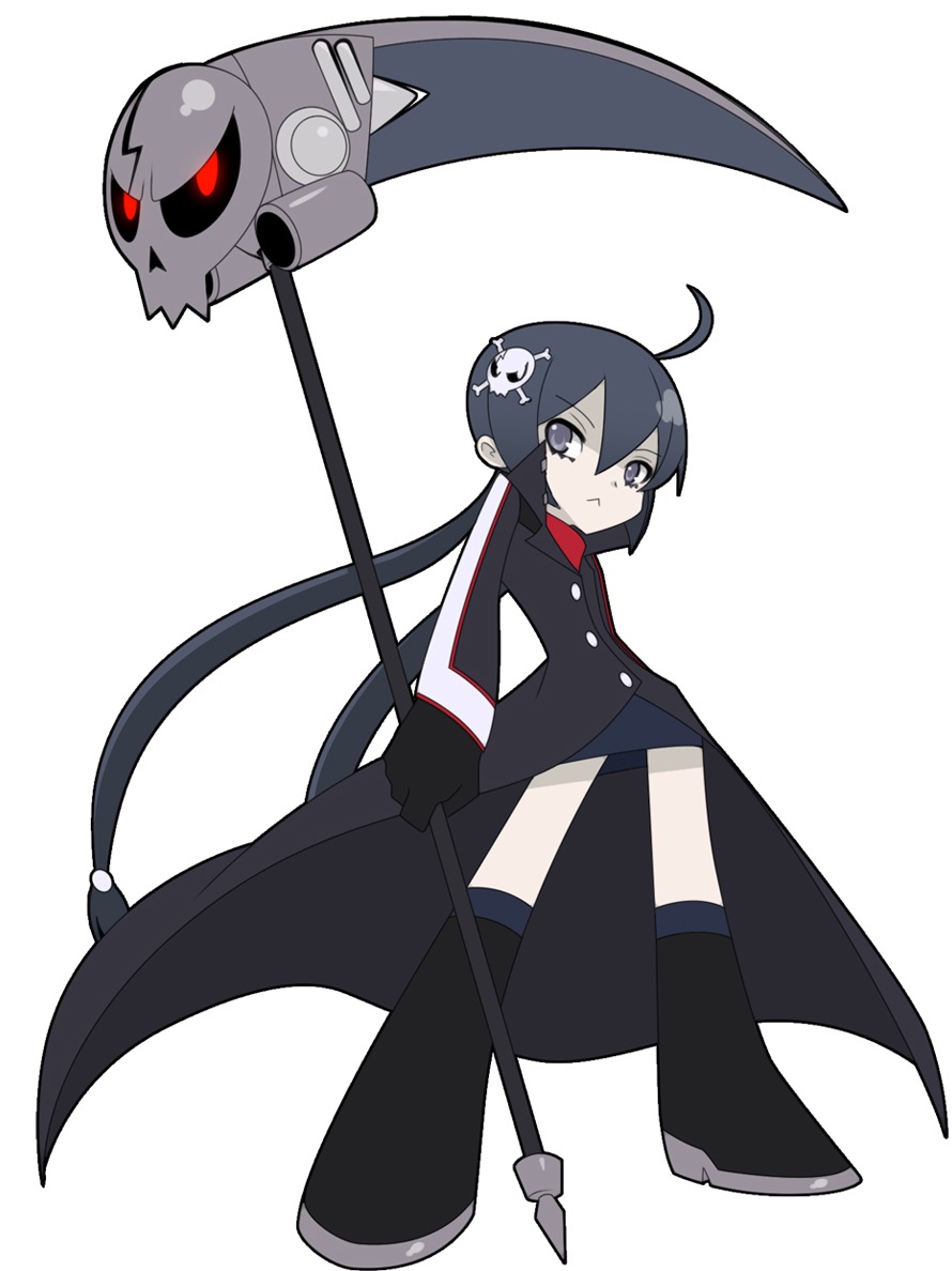 1girl, :<, ahoge, black_gloves, black_hair, black_sclera, blue_eyes, boots