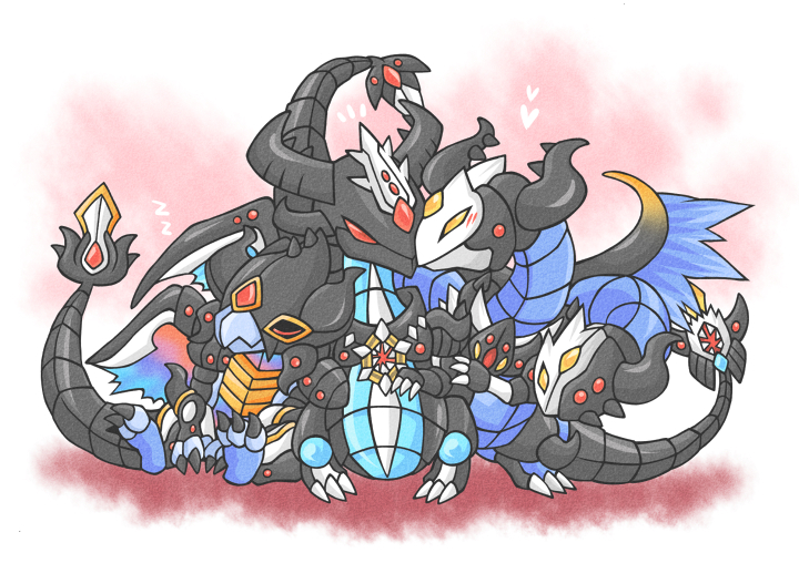artist_request, chibi, duel_monsters, evilswarm_bahamut, evilswarm_ophion, evilswarm_ouroboros, heart, multiple_heads, no_humans, sleeping, yuu-gi-ou