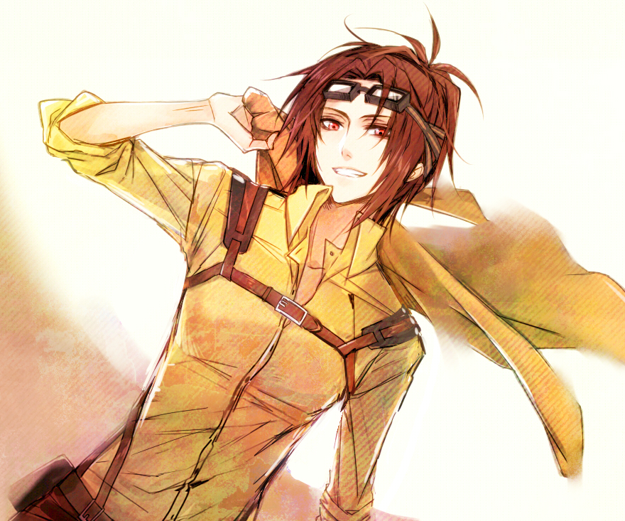 1girl, belt, brown_hair, goggles, hanji_zoe, jacket, kenao, red_eyes, shingeki_no_kyojin