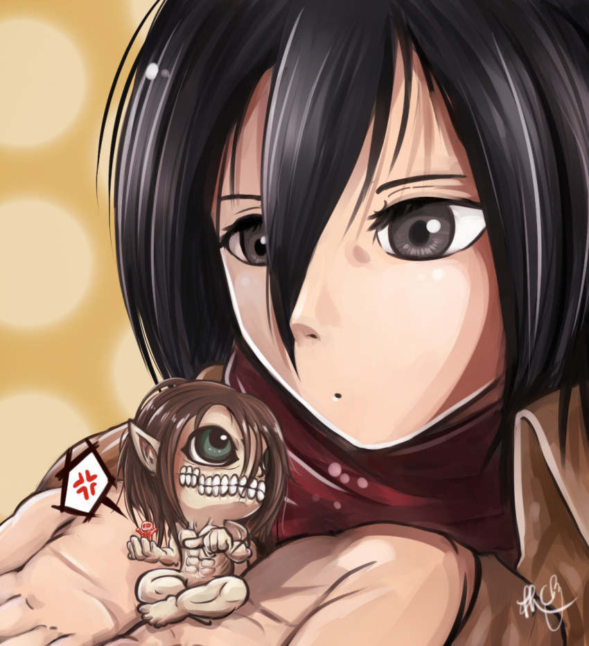 black_eyes, black_hair, brown_hair, colossal_titan, cporing, green_eyes, hands, highres
