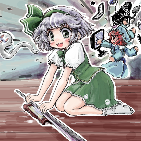 2girls, angry, blush, computer, damaged, grey_eyes, hair_ribbon, hat, japanese_clothes, katana, konpaku_youmu, monitor, multiple_girls, nanashii_(soregasisan), obi, open_mouth, pink_hair, puffy_sleeves, punching, ribbon, saigyouji_yuyuko, sharp, short_hair, silver_hair, sitting, skirt, smile, sword, touhou, triangular_headpiece, vest, weapon