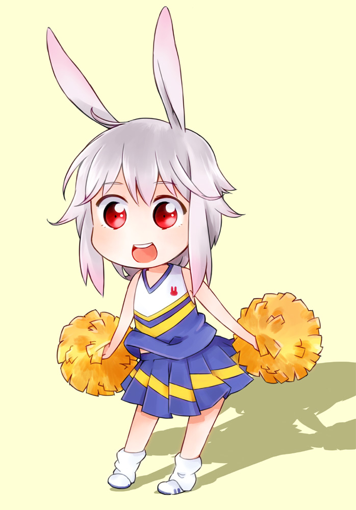 animal_ears, cheerleader, grey_hair, original, pleated_skirt, pom_poms, rabbit_ears, red_eyes