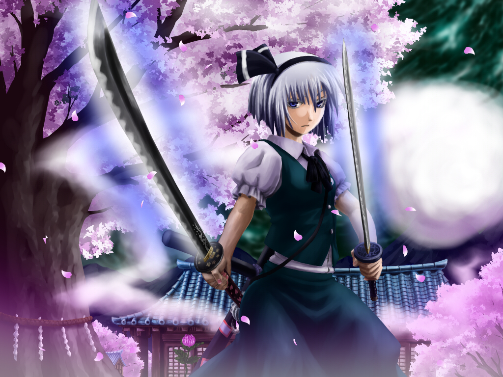 1girl, ascot, aura, blue_eyes, cherry_blossoms, cloudy_sky, east_asian_architecture, fingernails, foreshortening, frown, hair_ribbon, katana, kodachi, konpaku_youmu, konpaku_youmu_(ghost), looking_at_viewer, mountain, night, puffy_short_sleeves, puffy_sleeves, ribbon, shide, shimenawa, short_hair, short_sleeves, short_sword, silver_hair, skirt, skirt_set, solo, sword, touhou, tree, unsheathed, weapon, yamaponzzz