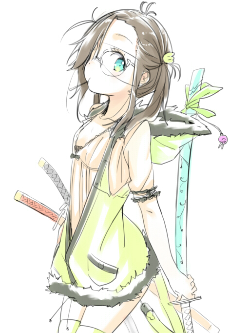 1girl, archellaura, blue_eyes, blush, glasses, hoodie, looking_at_viewer, original, short_hair, solo, sword, thighhighs, weapon