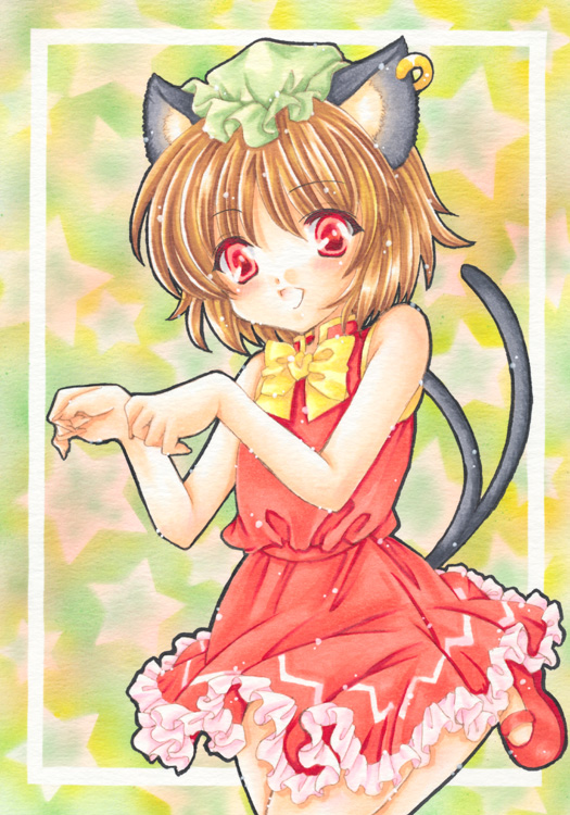 1girl, adapted_costume, airbrush_(medium), animal_ears, border, bow, brown_hair, cat_ears
