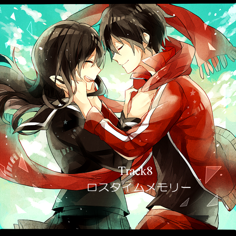 1boy, 1girl, ayano_(kagerou_project), black_hair, closed_eyes, hand_on_another's_cheek, hand_on_another's_face, kagerou_project