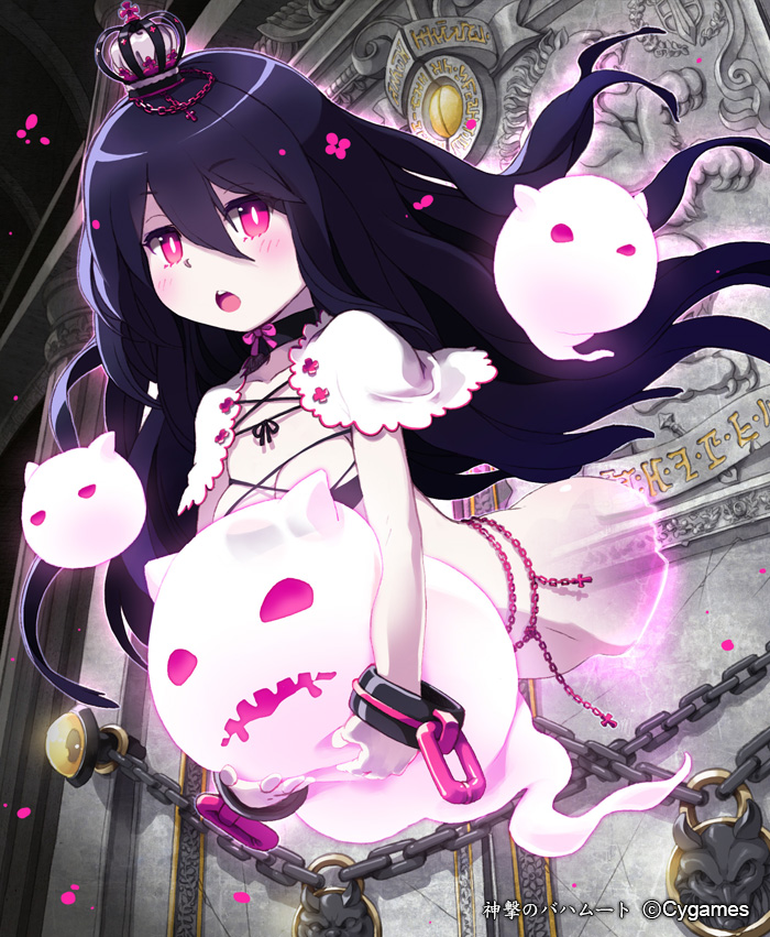 1girl, :o, black_hair, blush, bottomless, breasts, chain, choker, cleavage, door, ghost, hitodama, lena_(zoal), long_hair, looking_at_viewer, mini_crown, red_eyes, shackle, shingeki_no_bahamut, solo, through_wall