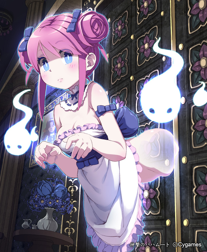 1girl, bare_shoulders, blue_eyes, blush, bottomless, detached_collar, door, double_bun