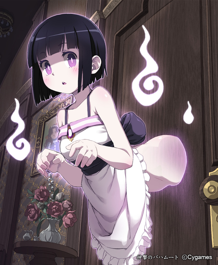 1girl, :o, bare_shoulders, black_hair, blush, bottomless, door, flower, ghost, hitodama, lena_(zoal), looking_at_viewer, painting_(object), shingeki_no_bahamut, short_hair, solo, table, through_wall, vase, violet_eyes