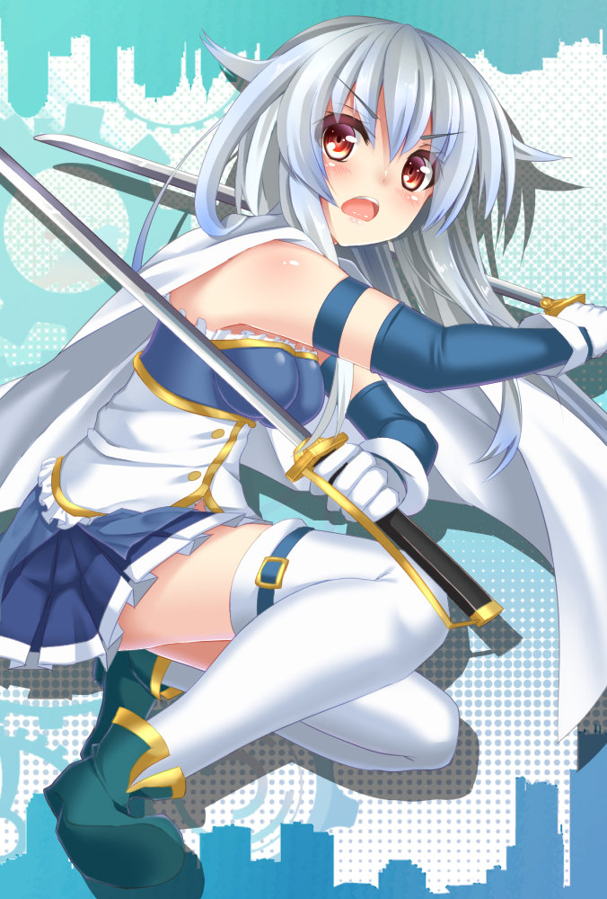 1girl, alternate_costume, bare_shoulders, blue_hair, blush, breasts, cape, dual_wielding