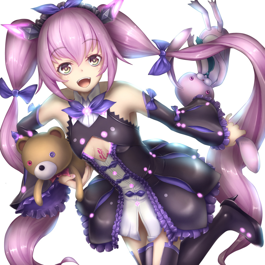 1girl, black_legwear, boots, bow, brown_eyes, detached_sleeves, dodonpachi, dodonpachi_saidaioujou, hair_bow, headdress, highres, kamomen, long_hair, purple_hair, saya_(saidaioujou), skirt, smile, solo, stuffed_animal, stuffed_toy, teddy_bear, thigh_boots, thighhighs, twintails, white_background