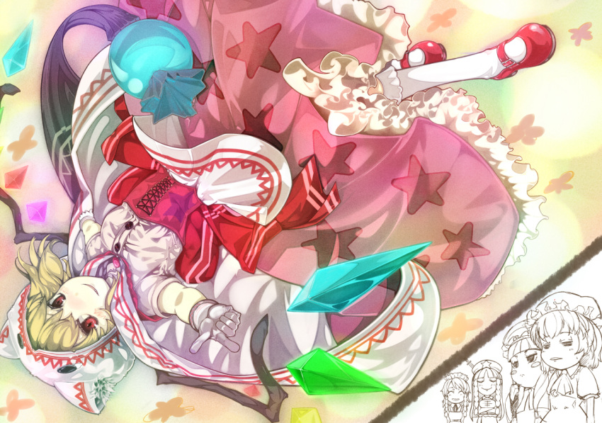 blonde_hair, cape, corset, fang, flandre_scarlet, gloves, hong_meiling, hood