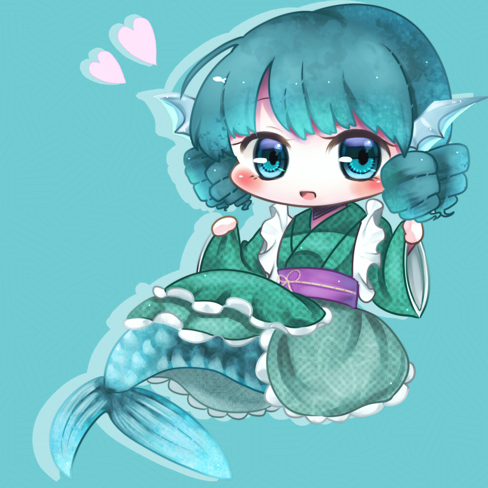 1girl, blue_background, blue_eyes, blue_hair, blush_stickers, chibi, drill_hair, fish