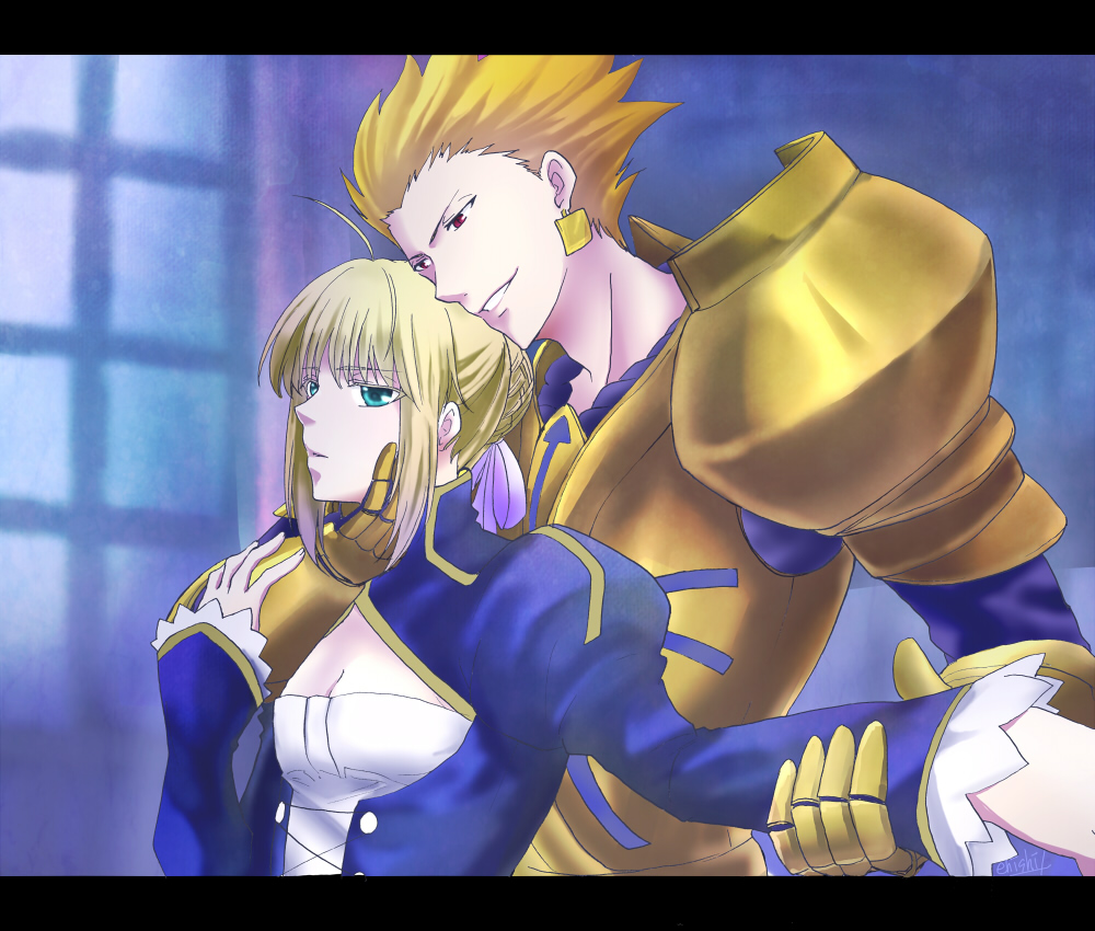 1boy, ahoge, armor, blonde_hair, dress, enisi_sakura, fate/zero, fate_(series)