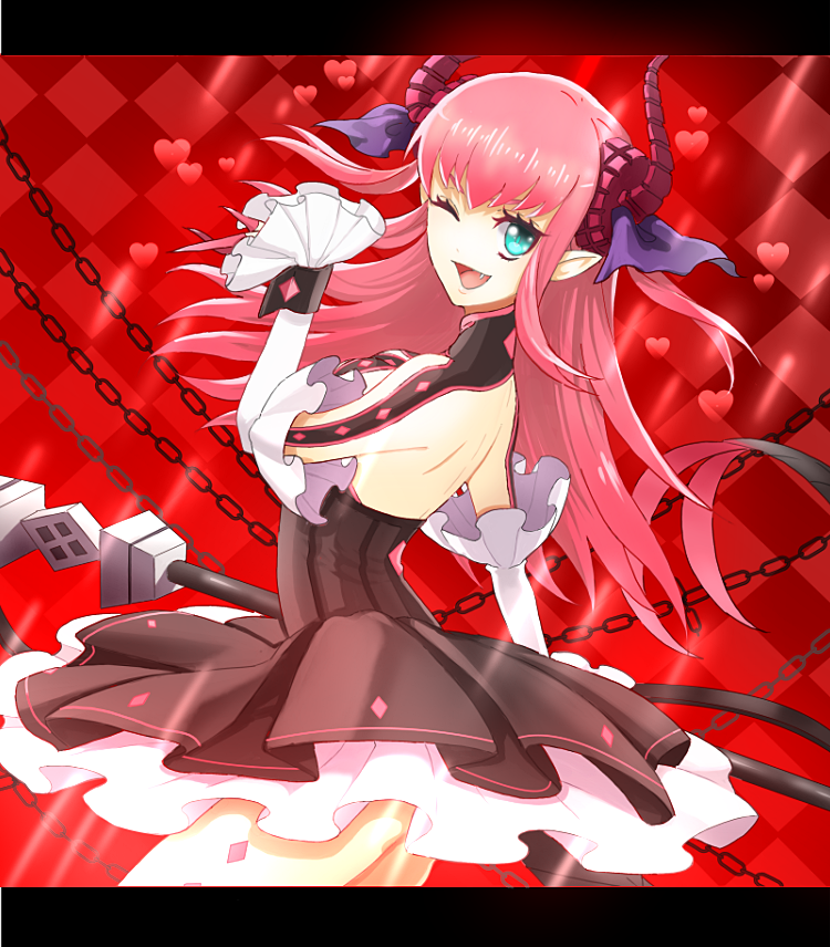 1girl, blue_eyes, claws, detached_sleeves, dress, fang, fate/extra_ccc, fate_(series), horns, lancer_(fate/extra_ccc), long_hair, pink_hair, pointy_ears, seohatchi, solo, tail, two_side_up, wink
