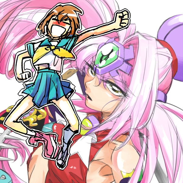 bare_shoulders, center_opening, detached_sleeves, dual_persona, forehead_jewel, hair_bun, leotard, long_hair