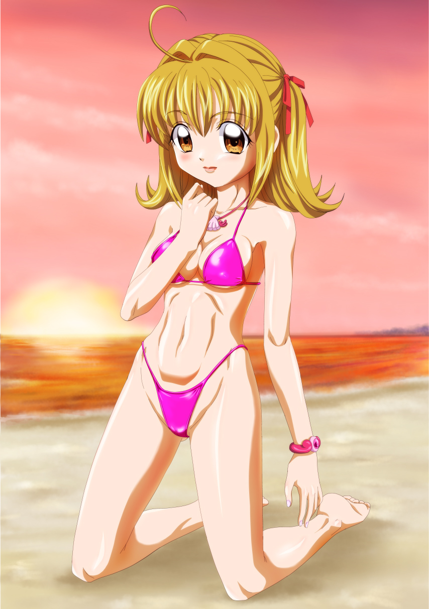 abs, ankoku_tiger, barefoot, beach, bikini, blonde_hair, bracelet, brown_eyes
