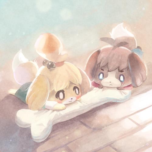 1boy, 1girl, ahoge, animal_ears, blush, bone, doubutsu_no_mori, freckles, frown, furry, hair_ornament, kento_(animal_crossing), lowres, shizue_(animal_crossing), smile, topknot