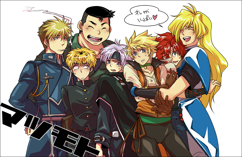6+boys, armor, black_hair, blonde_hair, blue_eyes, brown_hair, cape, character_request