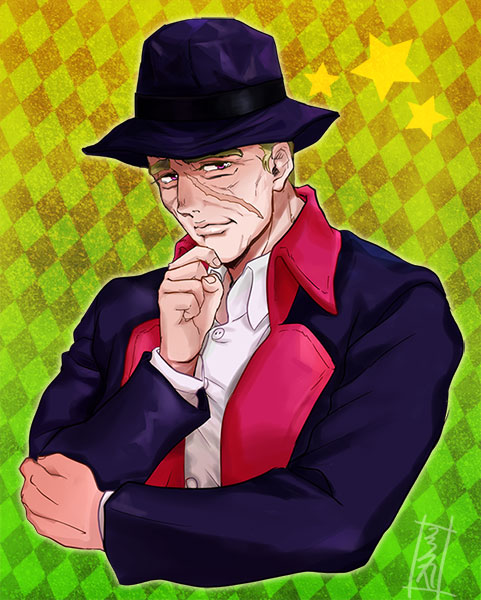 1boy, blonde_hair, chin_rest, hat, jojo_no_kimyou_na_bouken, kotobukimaru, old_man, robert_eo_speedwagon