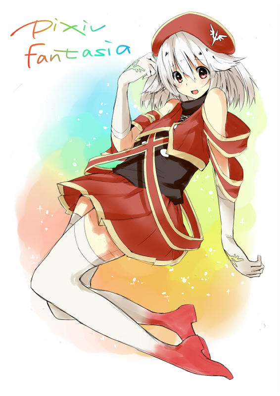 1girl, hat, hrk173, pixiv_fantasia, skirt, smile, solo, thigh-highs