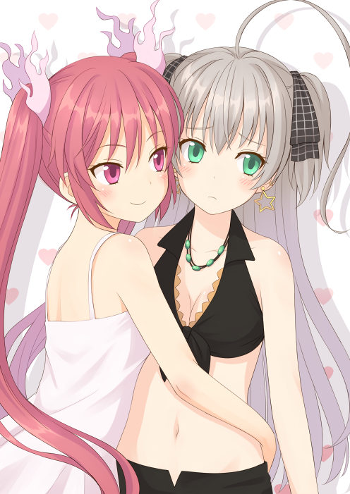 2girls, ahoge, aqua_eyes, breasts, cleavage, cthugha_(nyaruko-san), dress, earrings
