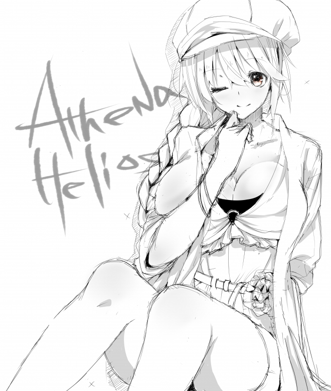 1girl, athena_helios, breasts, cleavage, hrk173, huge_breasts, long_hair, monochrome