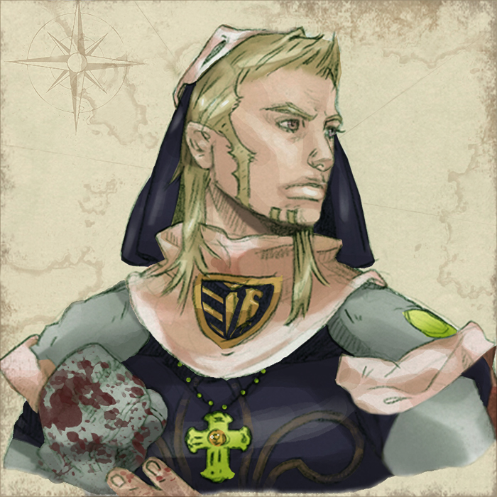 1boy, beard, blonde_hair, cross, cross_necklace, facial_hair, gregorio_zeppeli, hood