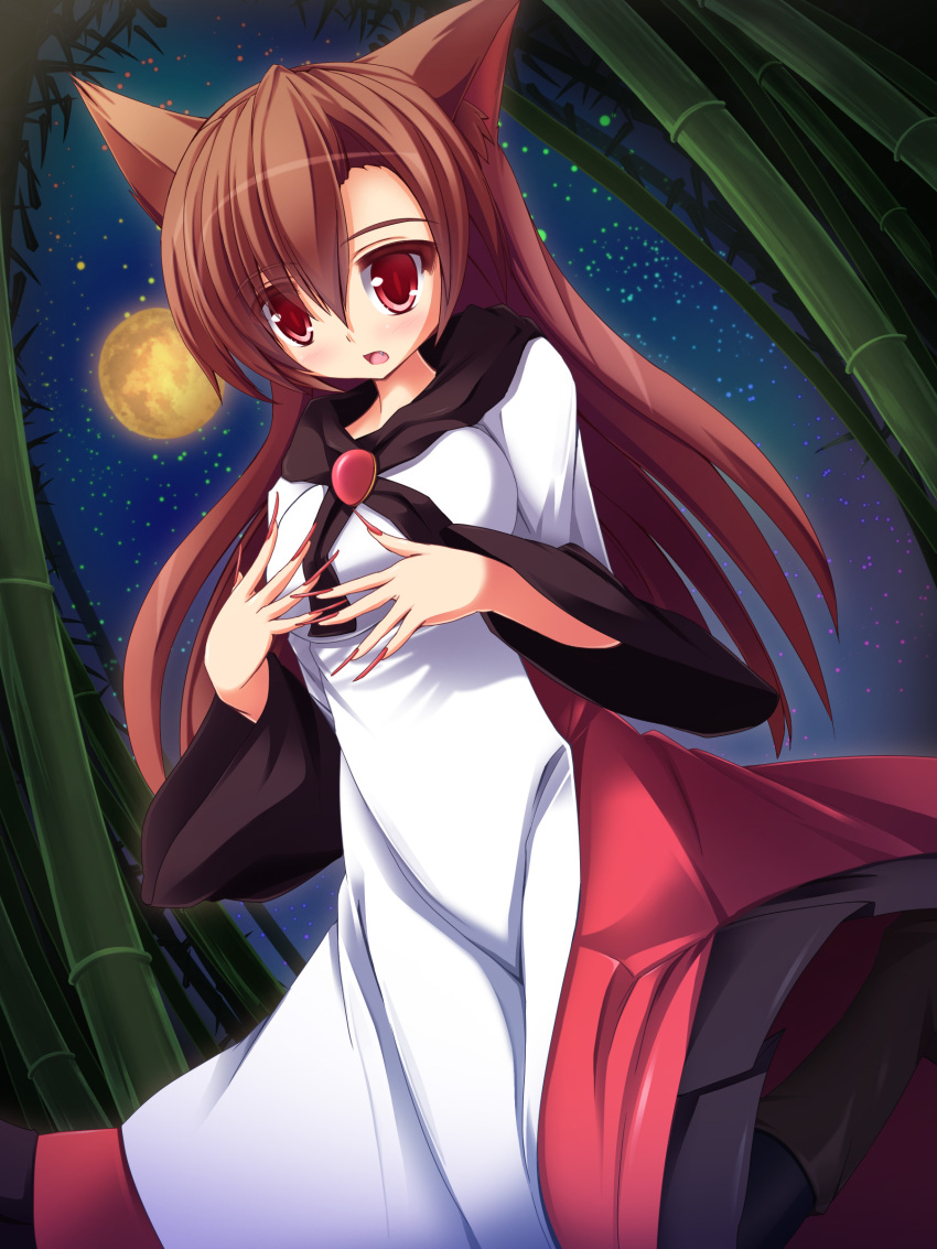 1girl, absurdres, animal_ears, bamboo, black_legwear, boots, breasts, brooch