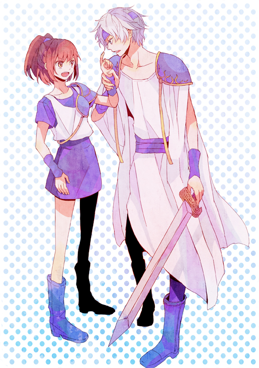 1boy, 1girl, arle_nadja, boots, brown_eyes, brown_hair, cape, half_updo