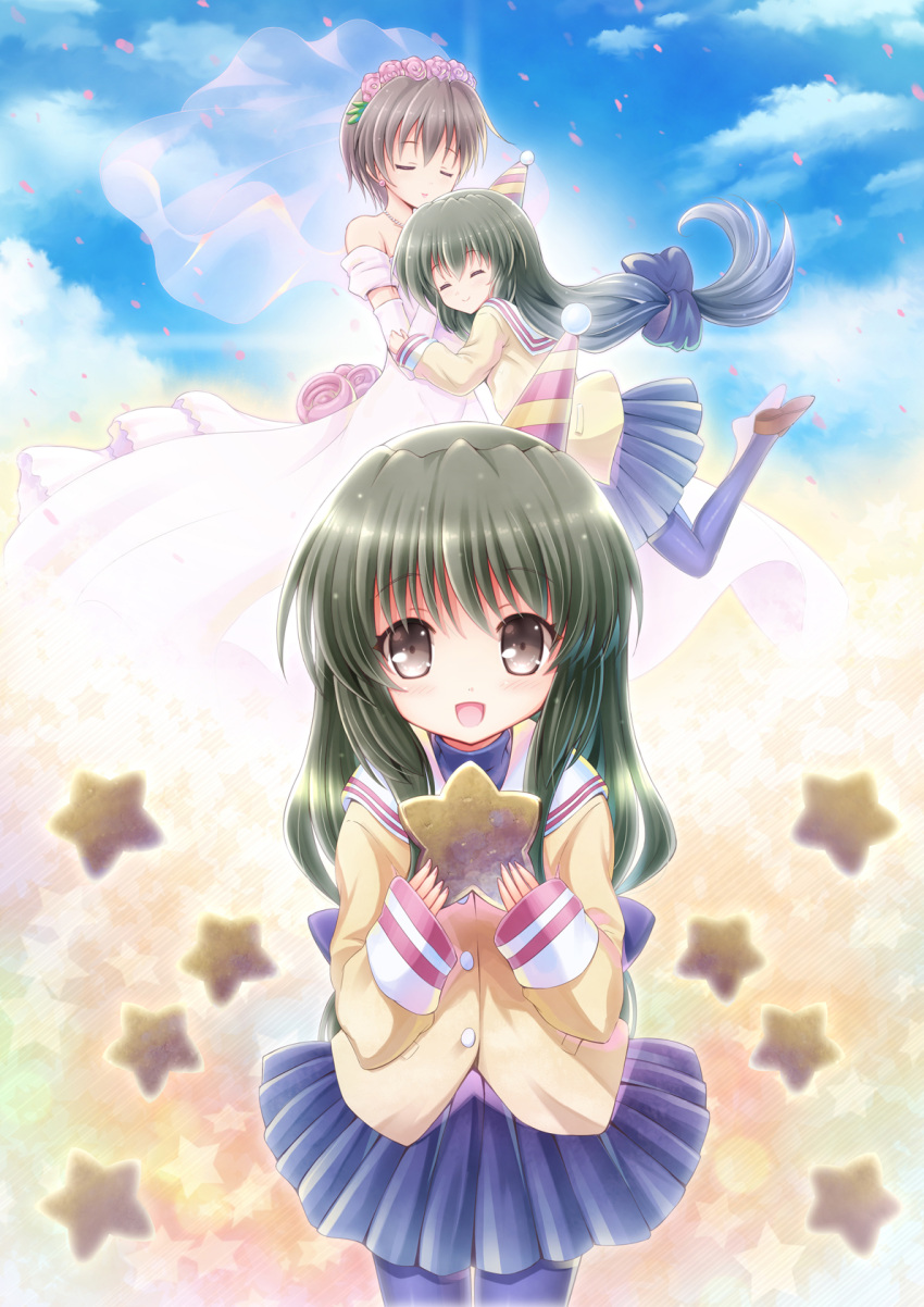 2girls, bow, brown_eyes, brown_hair, clannad, closed_eyes, clouds, dress