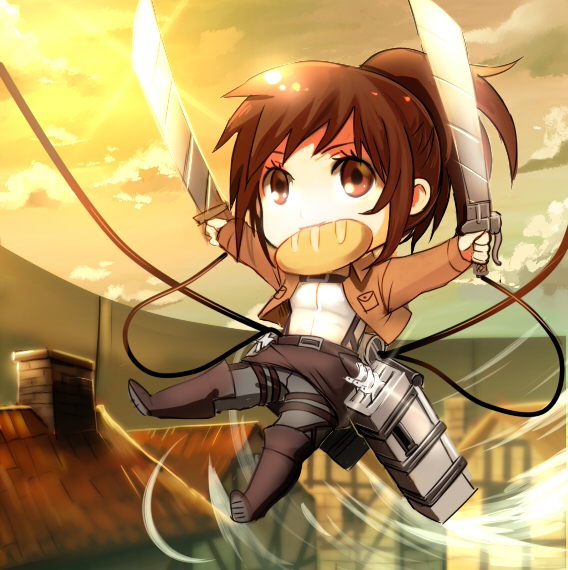1girl, belt, bloodink, boots, bread, bread_in_mouth, brown_eyes, brown_hair