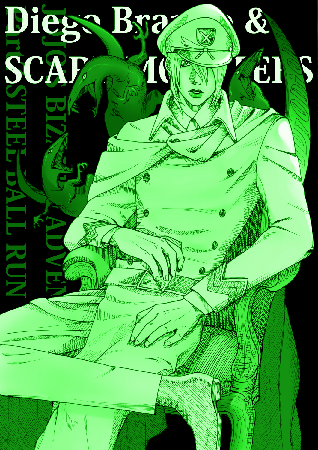 2boys, boots, chair, diego_brando, dinosaurs, highres, jojo_no_kimyou_na_bouken, kuryo_the_4191