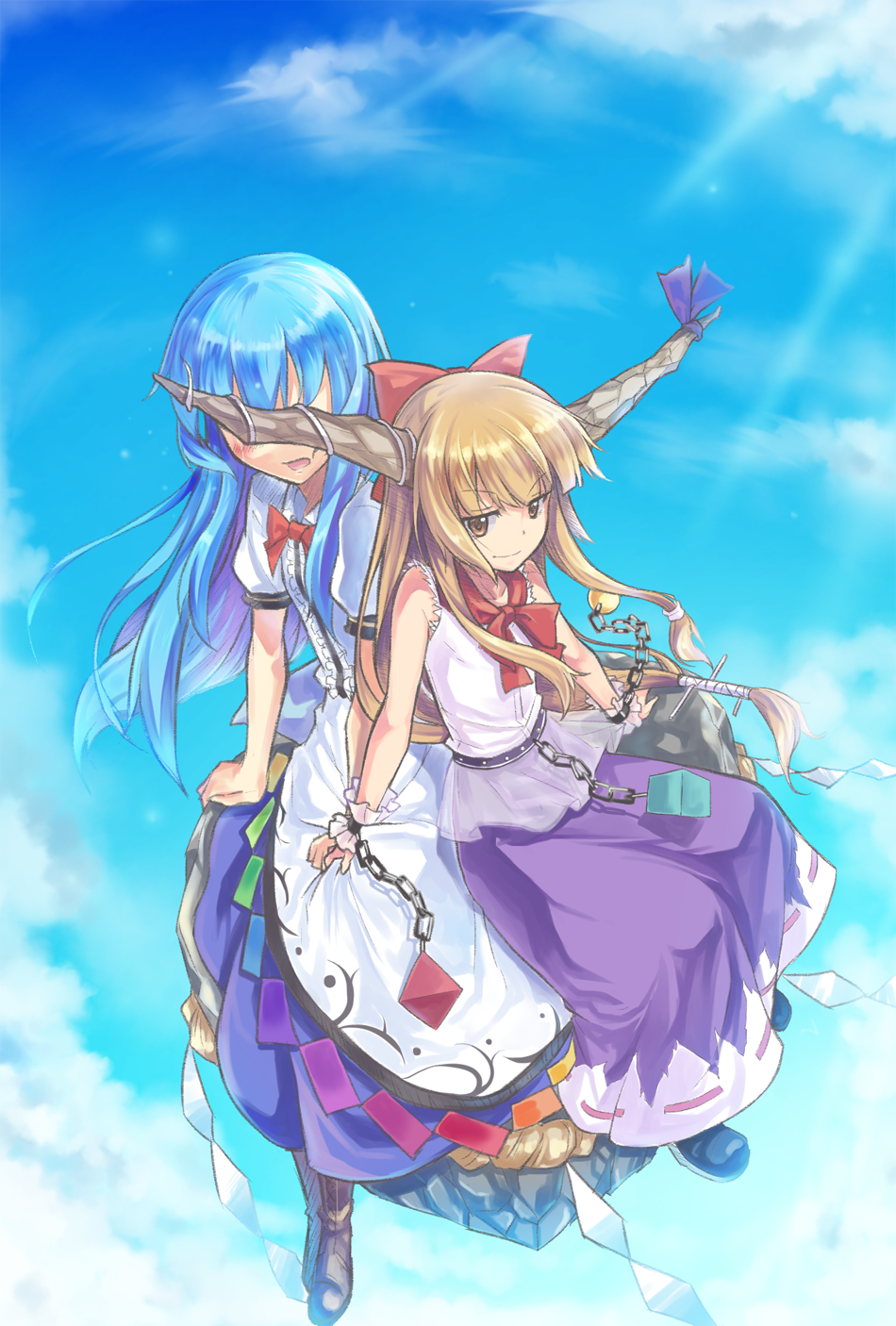 2girls, belt, block, blonde_hair, blue_hair, boots, chain, covering_eyes