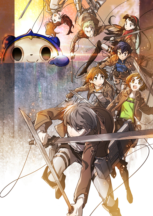 amagi_yukiko, blue_hair, boots, brown_eyes, brown_hair, dual_wielding, grey_hair, hanamura_yousuke