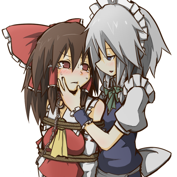 2girls, ascot, bdsm, blush, bondage, bow, braid, brown_hair