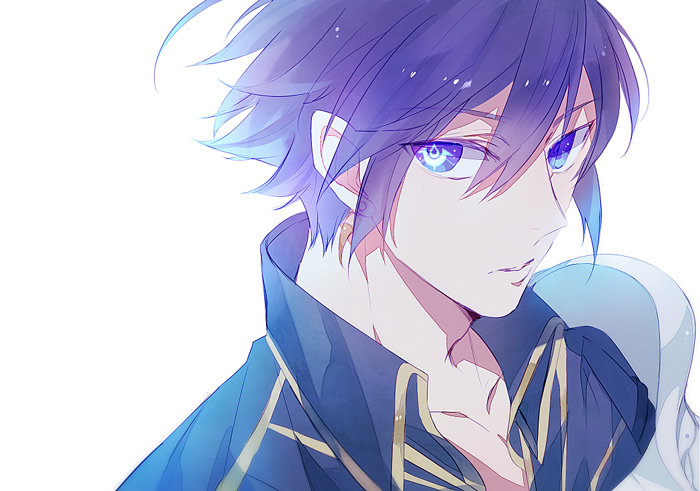 1boy, a082, armor, azur_(fire_emblem), blue_eyes, blue_hair, colored_eyelashes, earrings, fire_emblem, fire_emblem:_kakusei, hair_between_eyes, jewelry, looking_at_viewer, male, parted_lips, simple_background, single_earring, solo, spaulders, symbol-shaped_pupils, white_background