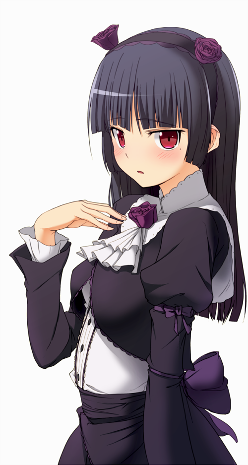 1girl, ascot, black_hair, blush, capelet, flower, gokou_ruri, hair_flower
