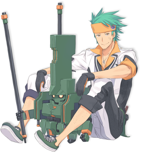 1boy, calis_noirarm, green_hair, kuroboshi_kouhaku, lowres, meteora, official_art, robot, sitting, summon_night, summon_night_5, transparent_background