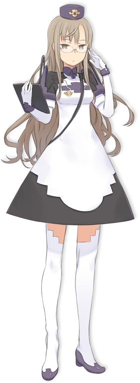1girl, adjusting_glasses, brown_eyes, brown_hair, clipboard, dress, glasses, hat, kuroboshi_kouhaku, long_hair, manager_(summon_night), official_art, simple_background, solo, summon_night, summon_night_5, thigh-highs, white_background, white_legwear