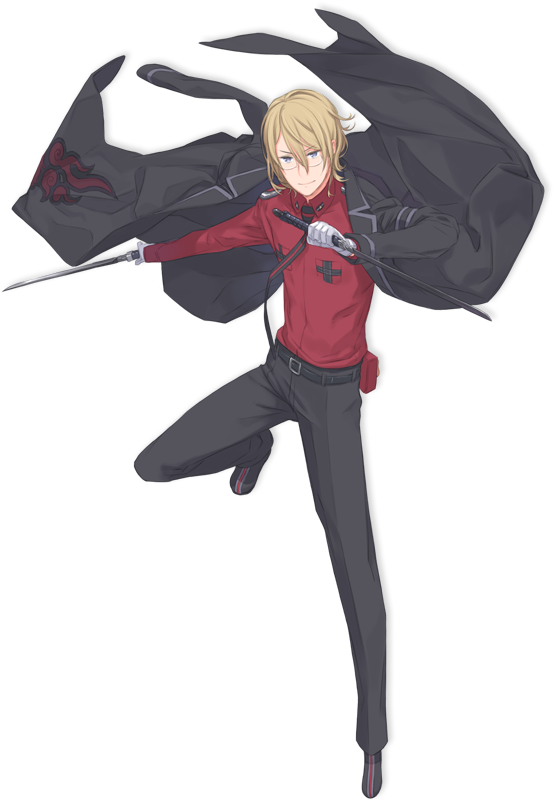 1boy, abert, belt, blonde_hair, blue_eyes, dual_wielding, glasses, hair_between_eyes, jacket, kuroboshi_kouhaku, male, official_art, open_clothes, open_jacket, pants, short_hair, solo, summon_night, summon_night_5, sword, transparent_background, weapon