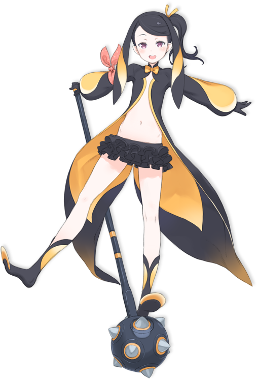 1girl, black_hair, frilled_skirt, hair_ribbon, kuroboshi_kouhaku, long_hair, mace, miniskirt, navel, official_art, pariet, pointy_ears, ribbon, side_ponytail, skirt, smile, solo, summon_night, summon_night_5, transparent_background, violet_eyes, weapon, yellow