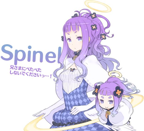1girl, cape, chibi, elbow_gloves, flower, gloves, gradient_hair, hair_flower, hair_ornament, halo, kuroboshi_kouhaku, multicolored_hair, official_art, purple_hair, smile, solo, spinel_(summon_night), summon_night, summon_night_5, translation_request, transparent_background, violet_eyes, white_gloves, white_legwear, wings