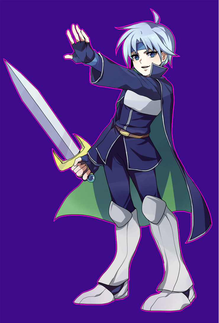 1boy, arm_up, armor, blue_eyes, boots, cape, fingerless_gloves, gloves, greaves, headband, male, nasu_(okurairi), pants, purple_background, puyopuyo, schezo, smile, solo, sword, weapon, white_hair