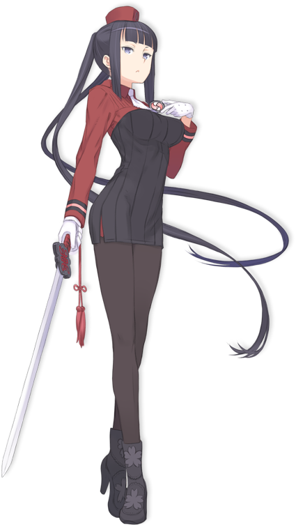 1girl, black_hair, black_legwear, full_body, gloves, grey_eyes, hat, high_heels, kuroboshi_kouhaku, long_hair, necktie, official_art, pantyhose, shoes, simple_background, solo, summon_night, summon_night_5, sword, transparent_background, twintails, very_long_hair, weapon, white_gloves, yeng-hua