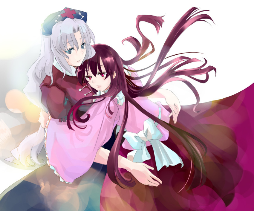 houraisan_kaguya, hug, long_hair, long_skirt, mosuke, multiple_girls, mutual_yuri, skirt